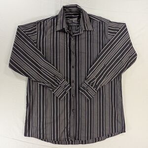 BCBG Maxazaria Mens Long Sleeve Button Down Black Silver Stripes Medium 15 32/33